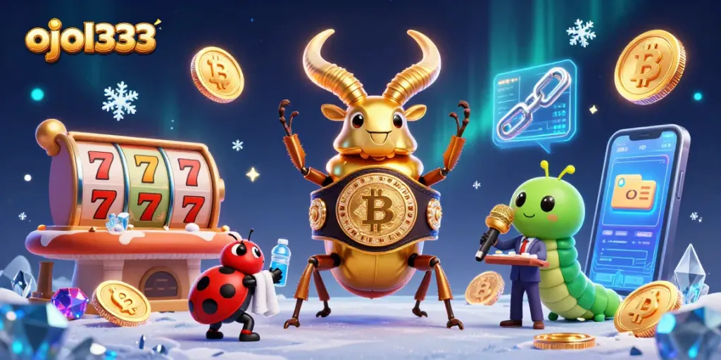 Spin and win with ojol333 showcasing a golden beetle champion and vibrant casino elements.