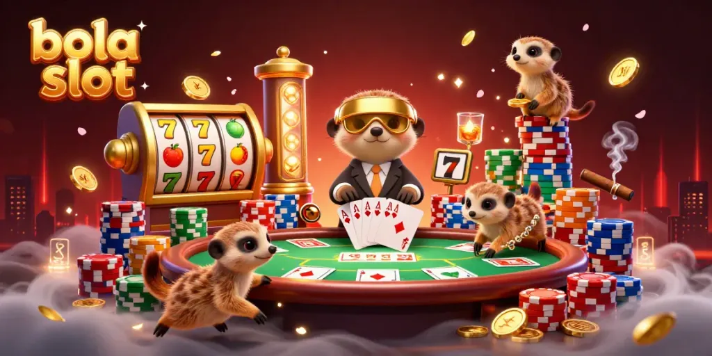 Experience the excitement of bola slot with meerkats in a vibrant casino scene featuring slot reels, poker chips, and more.