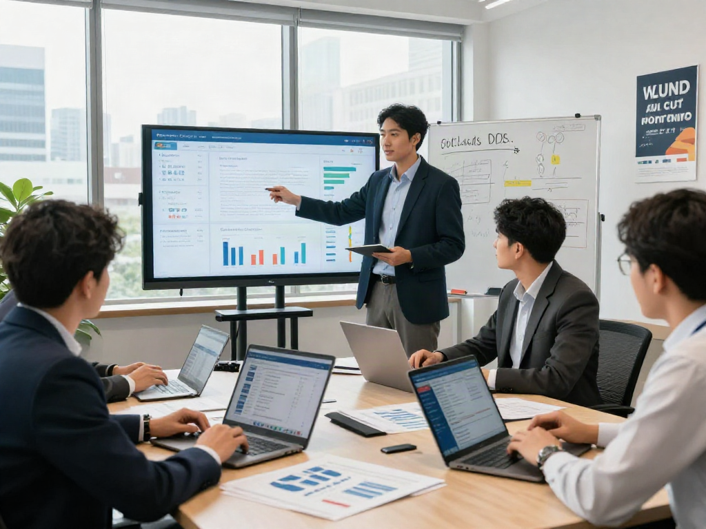 Team discussing a document fraud detection solution in a modern office setting, showcasing analytics and collaboration.