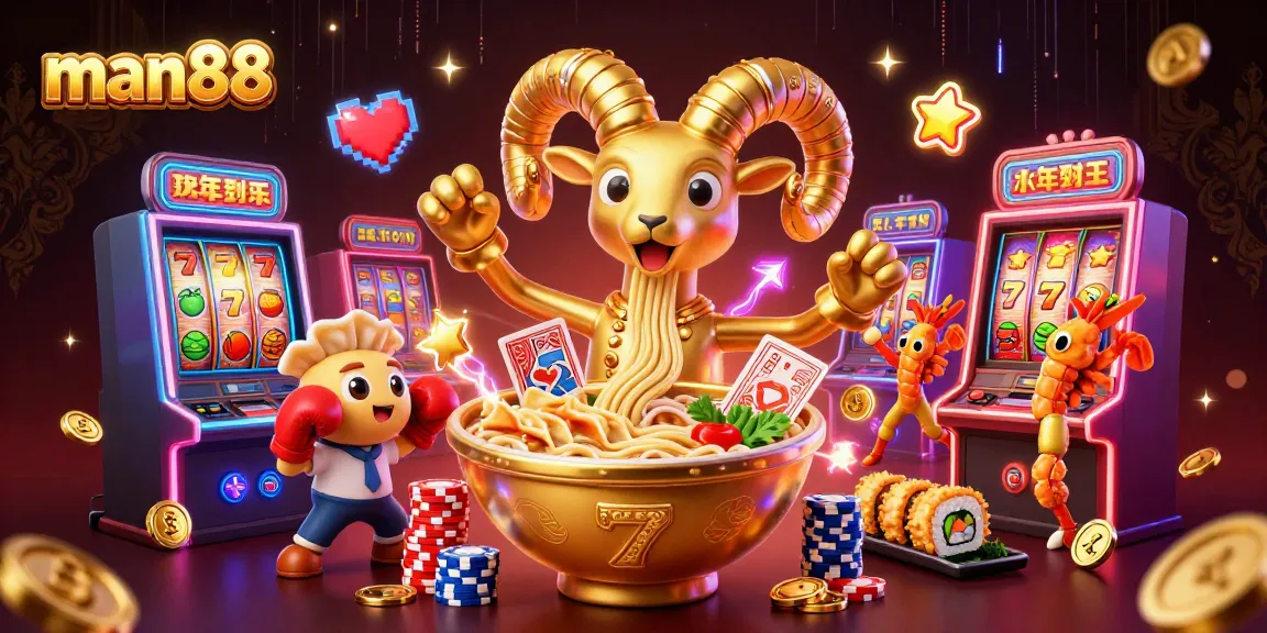 man88 wins big with a flashy golden ramen bowl surrounded by slot machines and vibrant gaming icons