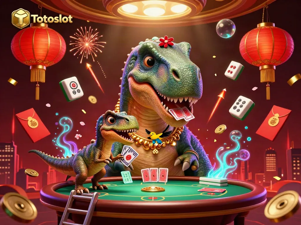 Slot permainan Totoslot yang menarik dengan dinosaur raksasa dan suasana kasino yang meriah.