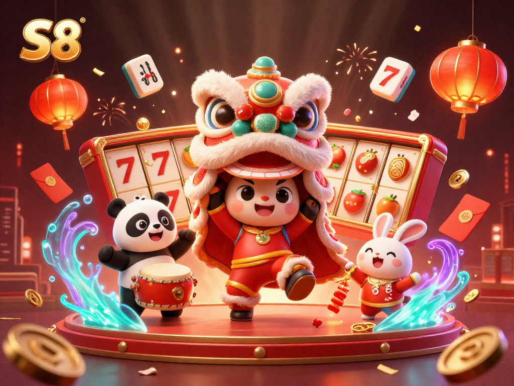 Experience thrilling slots and games at S8 with vibrant characters and festive energy.