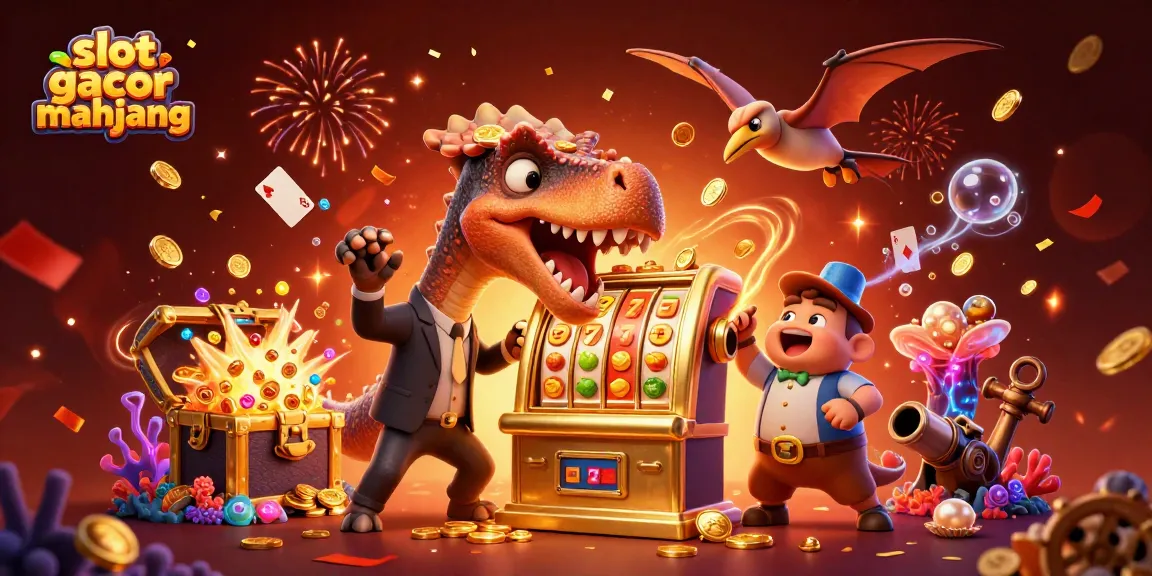 Experience luck in slot gacor mahjong featuring a dinosaur hitting a jackpot machine amidst vibrant casino elements.