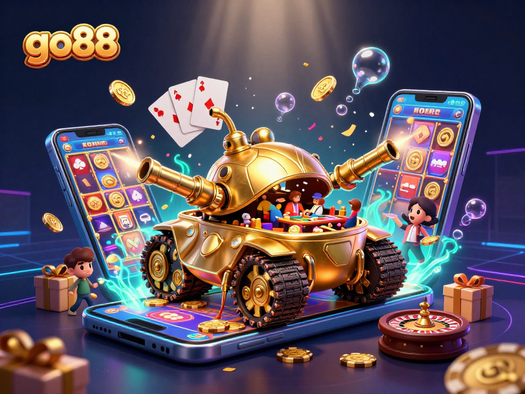 Experience the vibrant energy of go88 with a golden beetle tank revealing a mini casino.