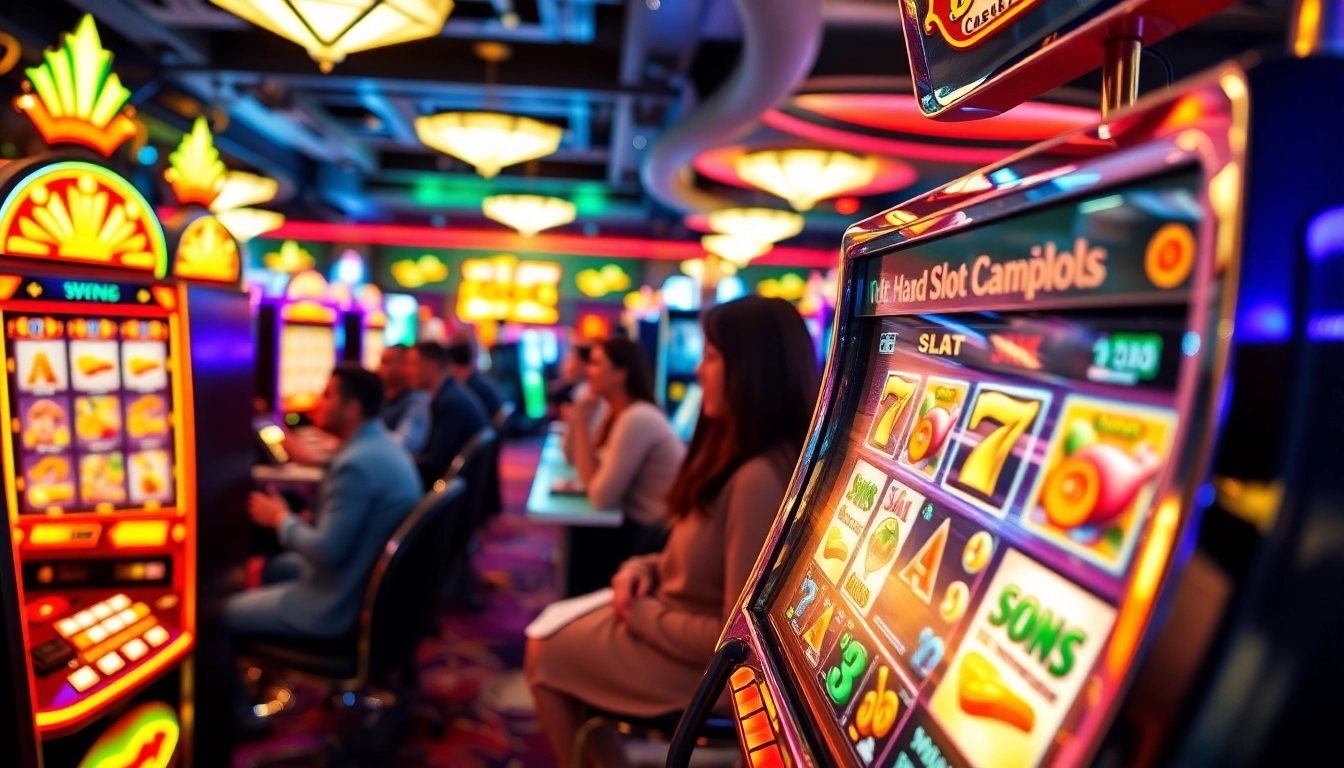 Engaging scene of slot gambling with vibrant machines and lively players enjoying the game.