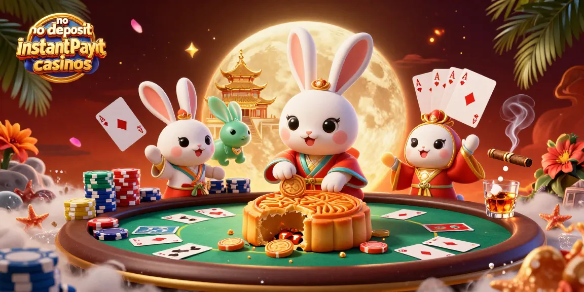 No deposit instant payout casinos illustration with moon rabbit and poker elements