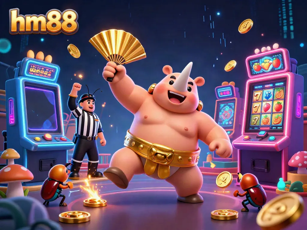 Experience vibrant gaming action with hm88's thrilling slot machines, featuring colorful coins and dynamic characters.