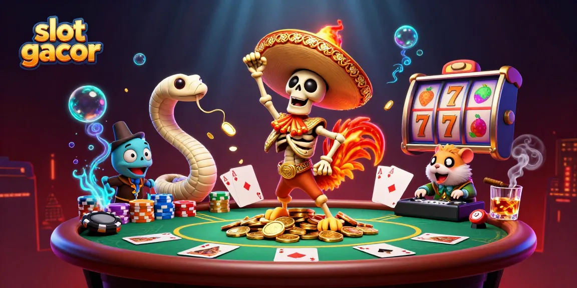 Engaging scene depicting slot gacor with vibrant characters celebrating around poker and slot game elements.