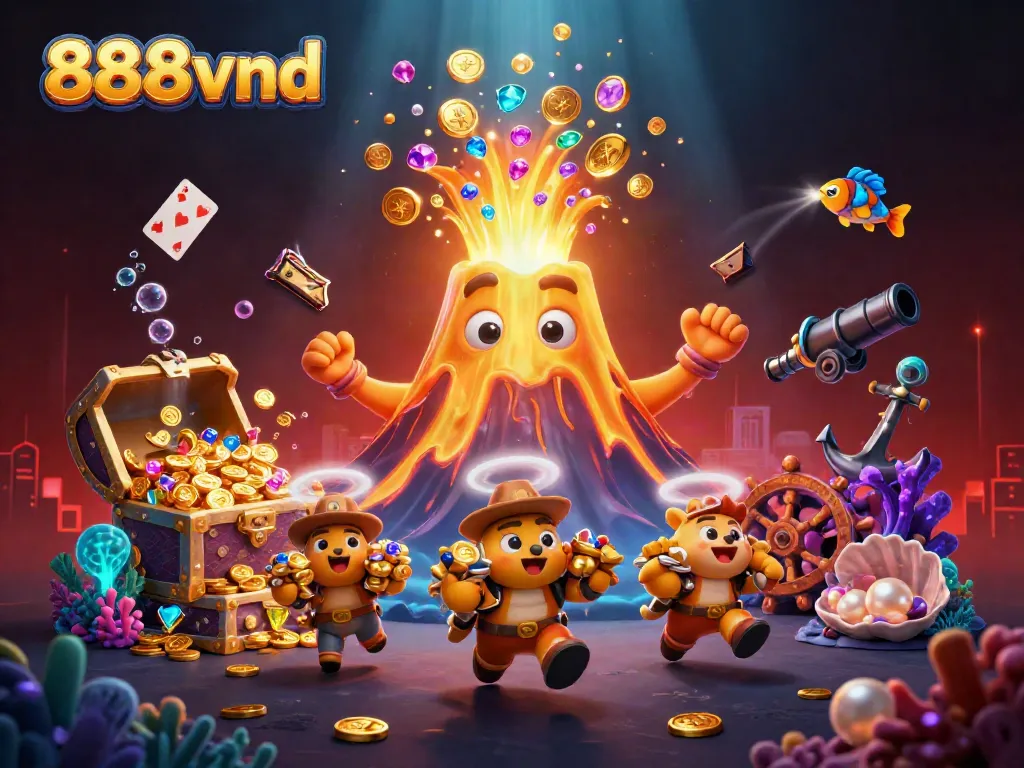 Play the exciting 888vnd online casino featuring a golden volcano rewarding players with treasure.
