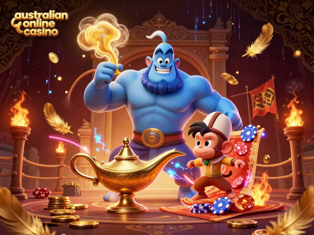 Australian online casino illustration featuring a genie, monkey, and poker chips in a vibrant and mystical setting.