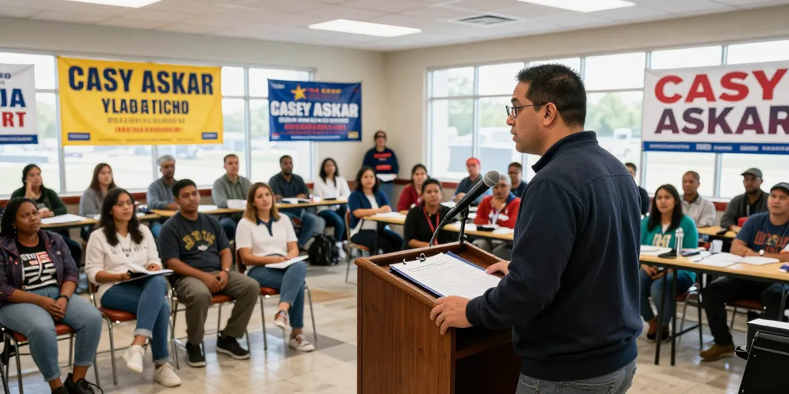 Casey Askar addressing voters at a town hall meeting with engaged audience