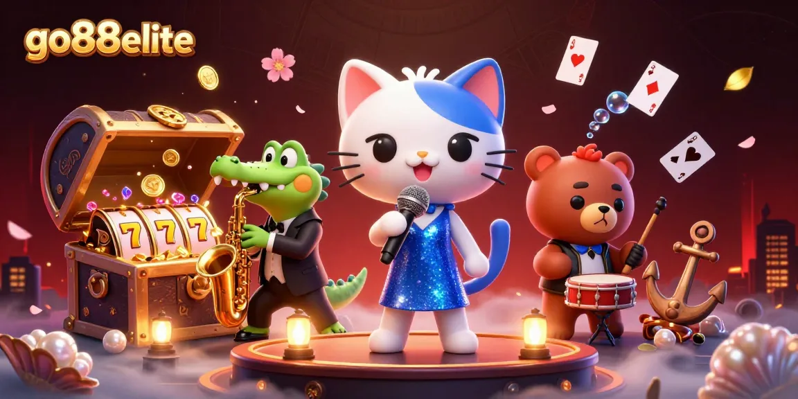 Experience the excitement of go88elite with a cartoon scene featuring a jazzy cat, crocodile, and bear in a rich casino setting