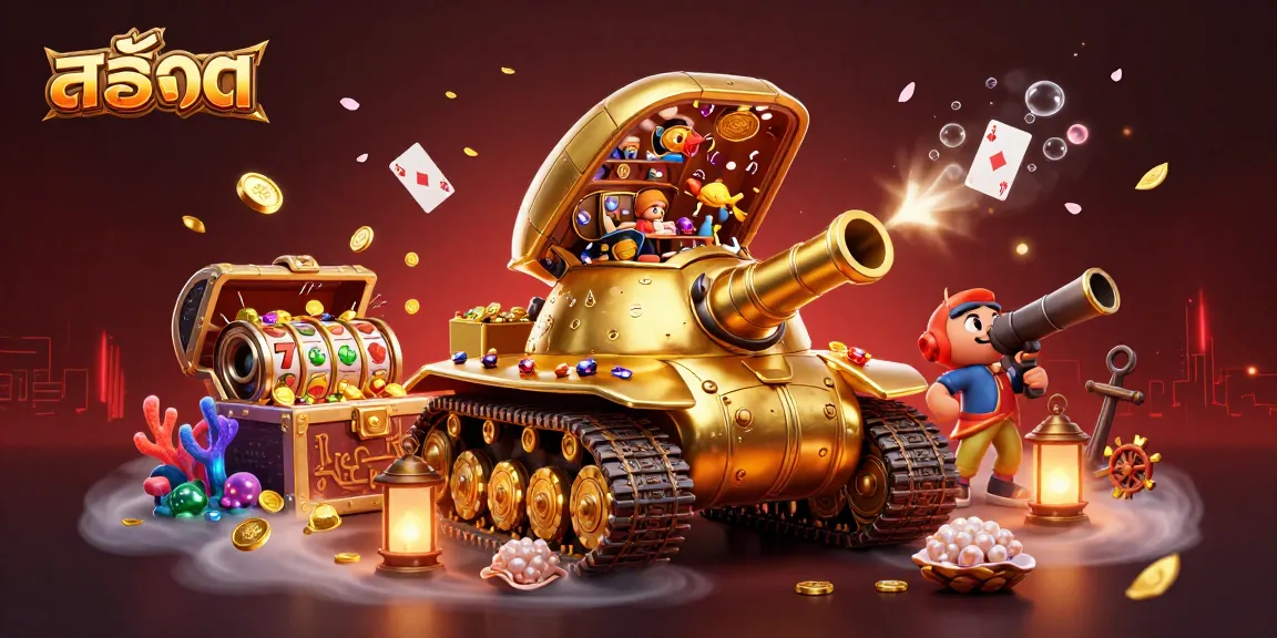 Experience the fun of สล็อต with this vibrant 3D casino scene featuring a golden beetle tank.