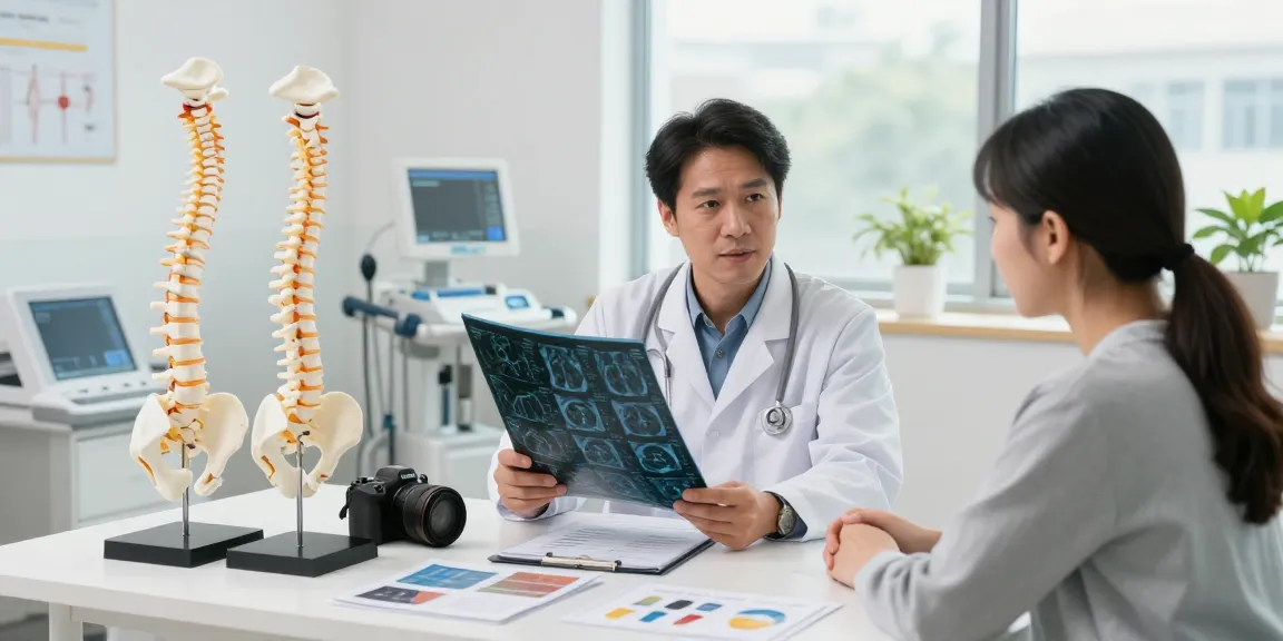 Patient consultation about Dar kanal ameliyatı in a modern healthcare setting, focusing on spinal treatments.
