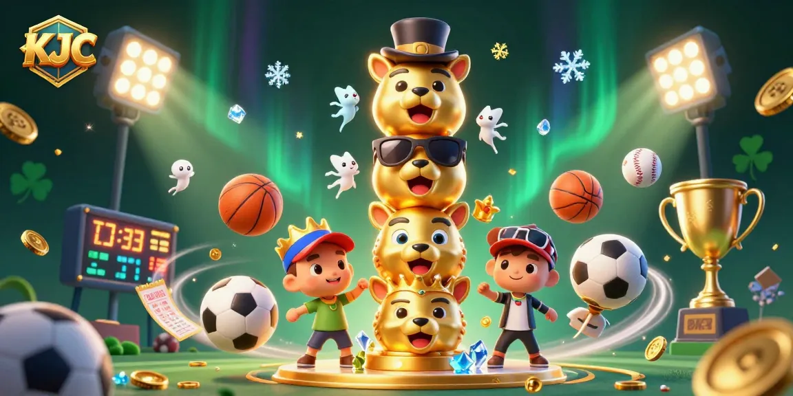 Experience KJC's vibrant casino atmosphere with a detailed 3D illustration of a golden totem and dynamic game elements.