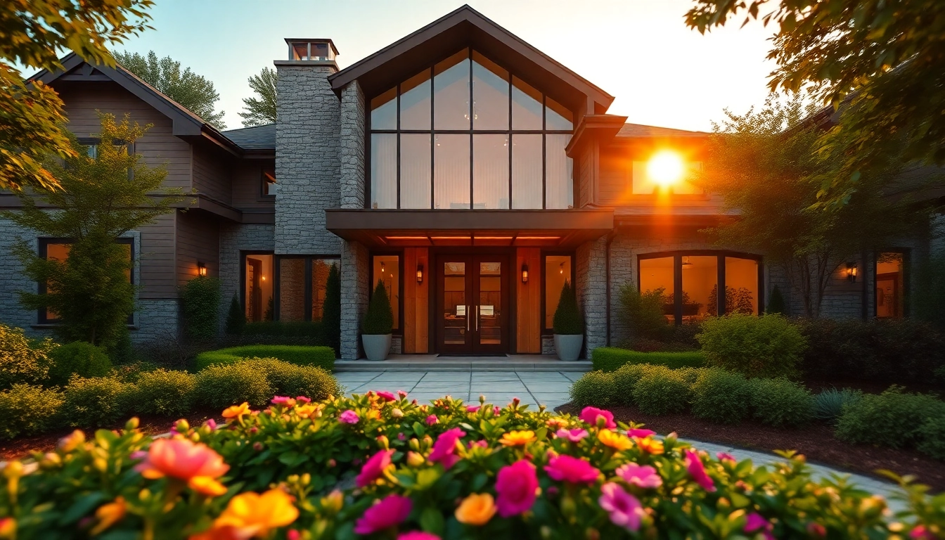 Discover a stunning luxury home nestled in a vibrant garden, exuding elegance and warmth.