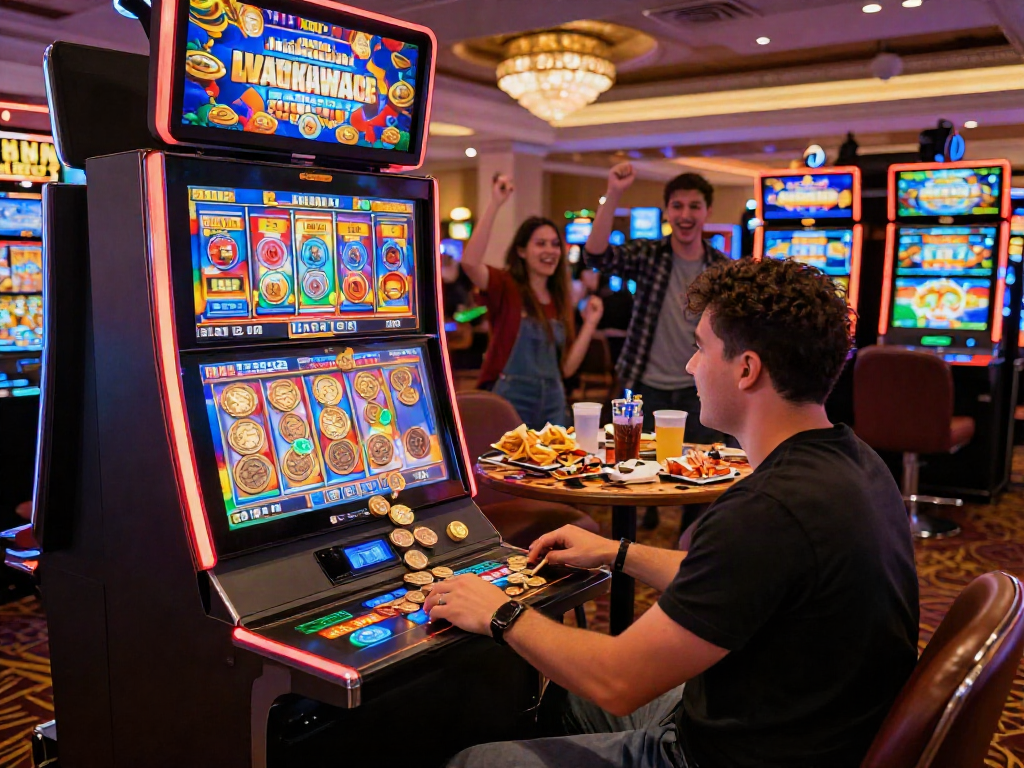 Player enjoying a slot depo qris game in a vibrant casino setting