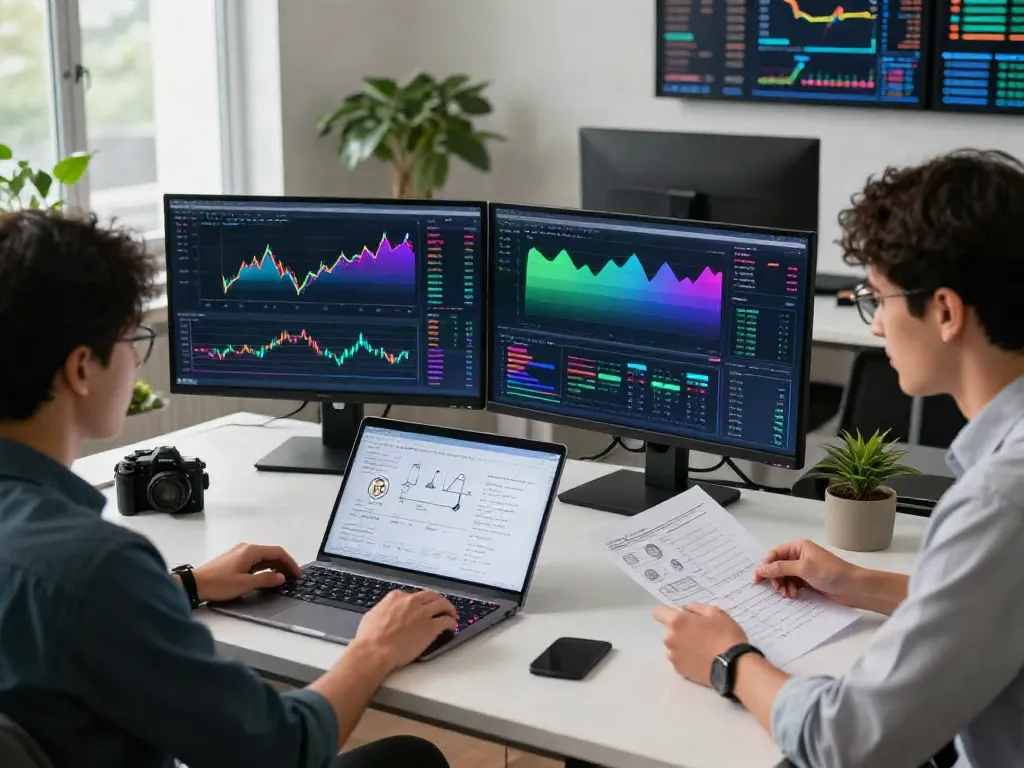 India stock market API integrated into a professional cryptocurrency trading environment with dual monitors, financial charts, and collaborative fintech setup.