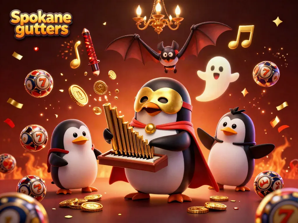 Experience Spokane gutters with a vibrant casino-themed scene featuring a penguin playing an organ that dispenses golden coins.