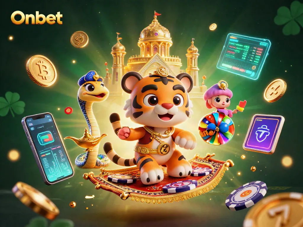 Experience exciting slots with Onbet in this vibrant 3D digital casino scene featuring a tiger sultan.