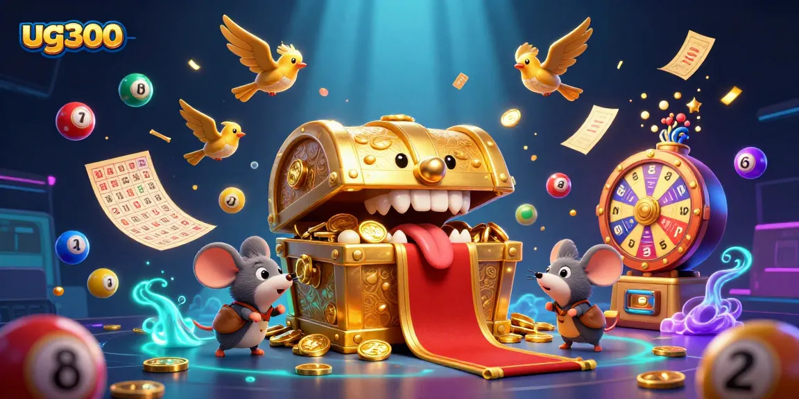 Menang di lottery dengan ug300, melihat bola berwarna-warni dan kartu bingo mengelilingi harta karun