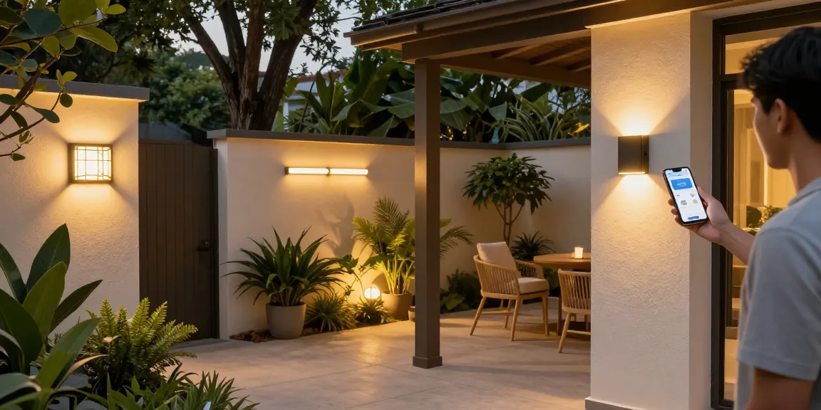 Aplica led exterior amplificând atmosfera unui patio modern, cu iluminare caldă.