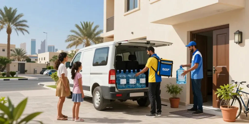 Riyadh water delivery scene with friendly delivery person unloading water bottles for a family outside a modern home.