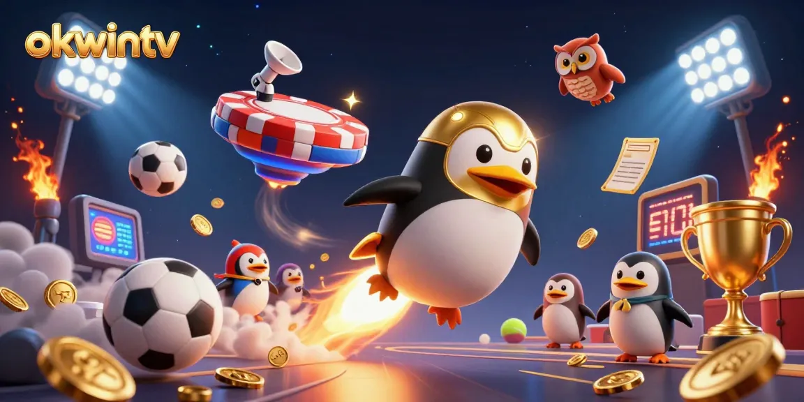 Experience the thrill of okwintv as a golden penguin navigates a casino-themed universe.