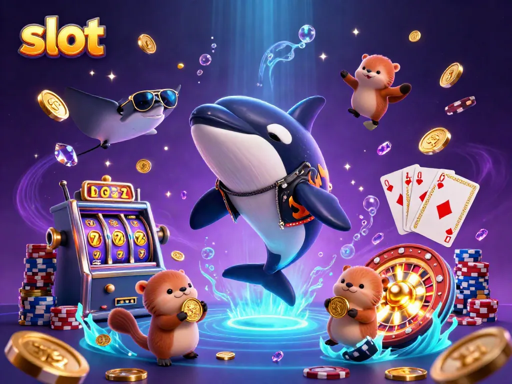 Slot dan koin emas mengelilingi orca berjaket kulit, stingray, dan berang-berang.
