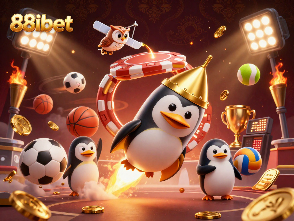Engage with the excitement of 88ibet through a dynamic 3D illustration of a golden penguin and casino elements.