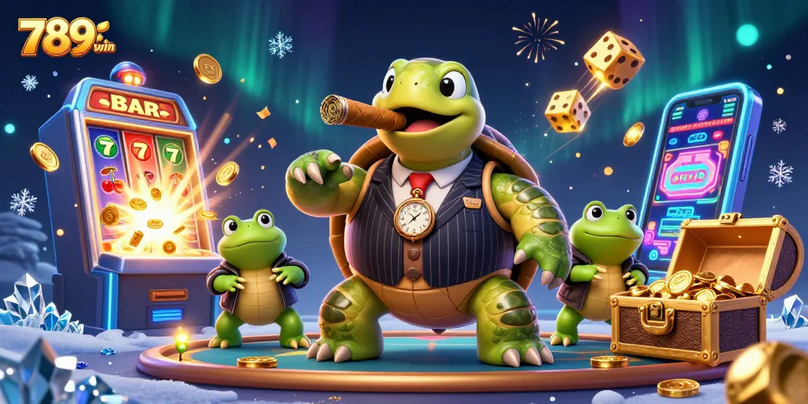 Experience thrilling wins at 789win, with a charming casino scene featuring a snapping turtle and bullfrog enforcers.