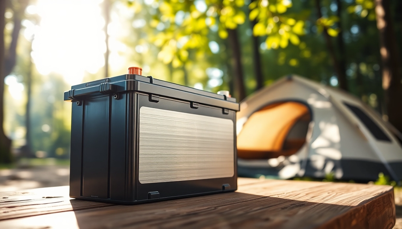 Showcasing lithium RV batteries in a vibrant campsite setting, highlighting their modern design and usability.