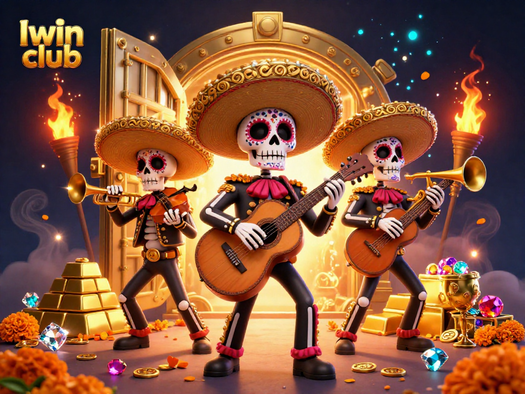 Iwin club features vibrant 3D skeleton mariachi band amidst gold treasures, showcasing rich casino imagery.