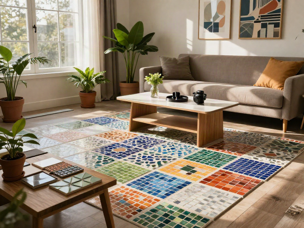 Mosaic tiles Sydney showcased in a contemporary living room design, with a designer displaying colorful tile samples on a wooden table amidst vibrant decor.