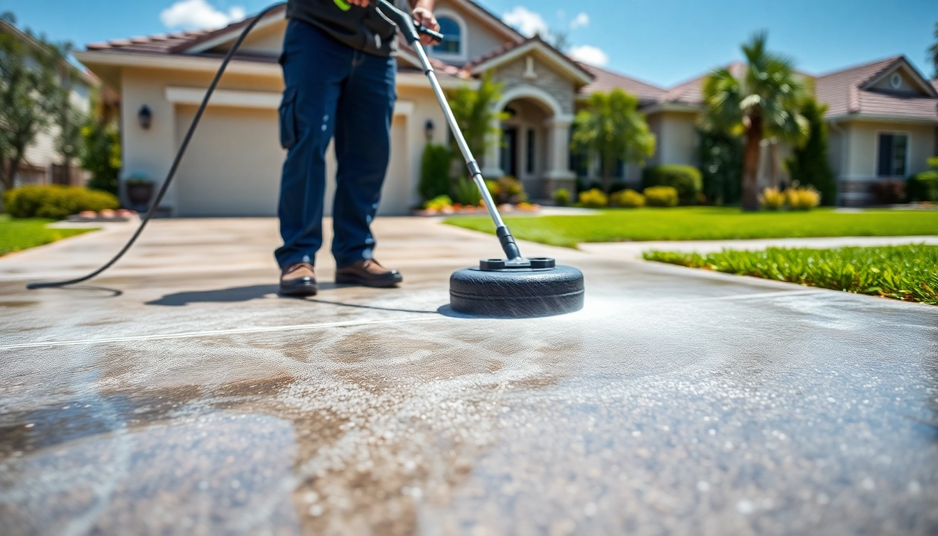Driveway cleaning in progress by a technician using a pressure washer, showcasing transformation.