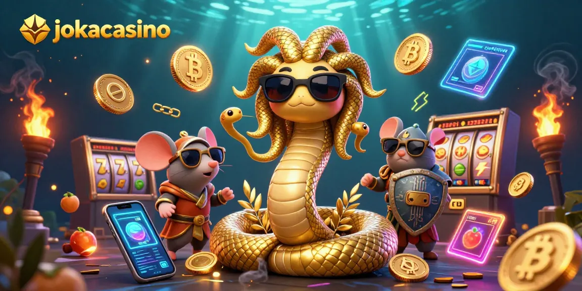 Spin and win with jokacasino's Medusa and warrior characters in this vibrant slot-themed illustration.