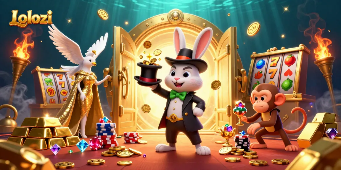 Lolozi combines casino magic with vibrant scenes of a rabbit, dove, and monkey engaging in playful gambling antics.