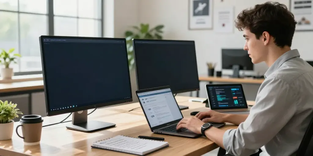 Marketer utilizing an AI sales emails generator in a modern workspace, highlighting productivity and innovation.