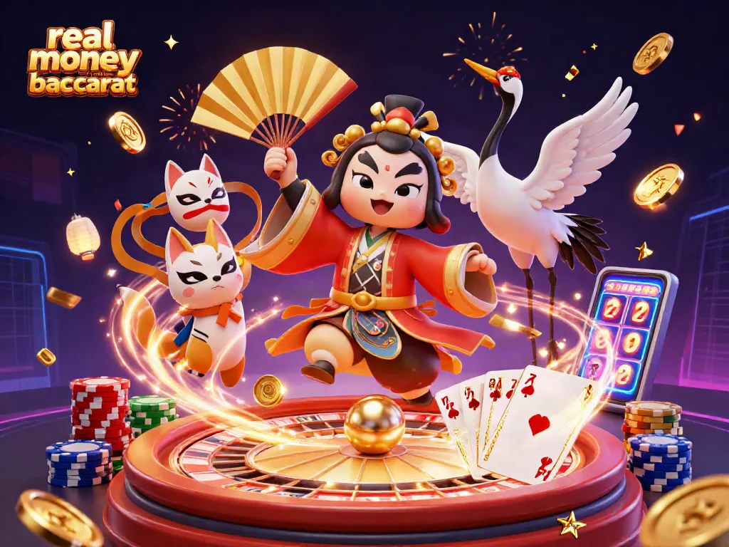 Experience real money online baccarat excitement with this vibrant 3D casino illustration.