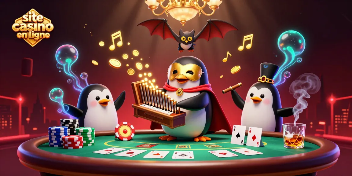 Illustration dynamique d'un site casino en ligne avec un pingouin jouant d'un orgue, des pièces d'or et des cartes à jouer.