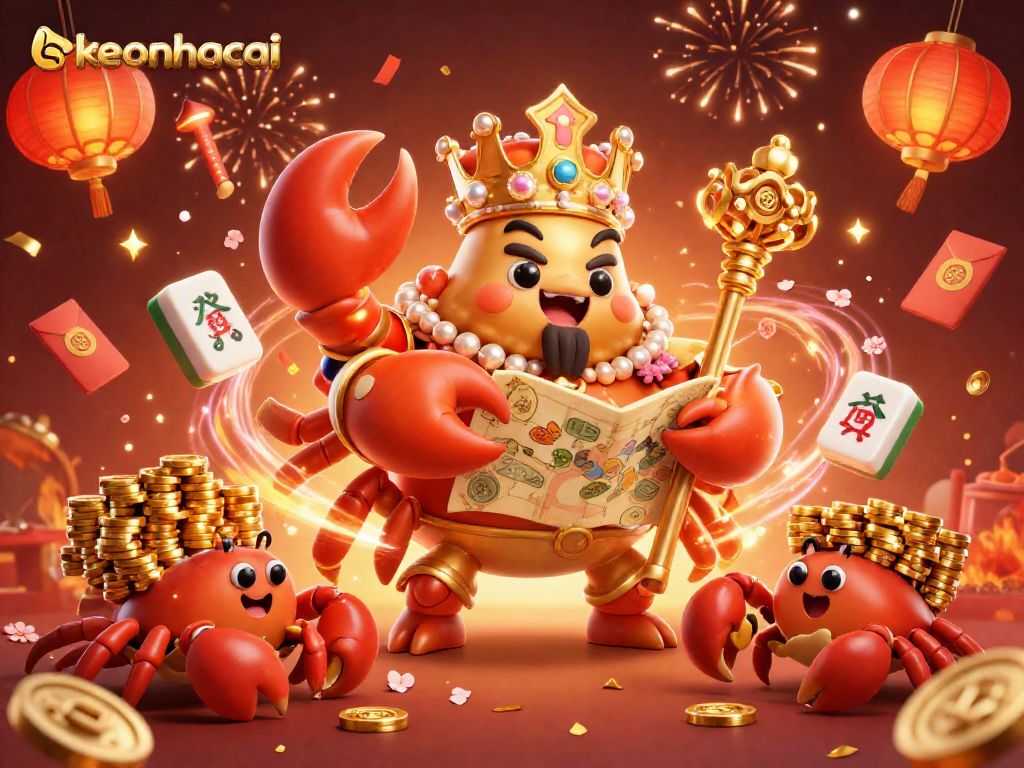Experience excitement at keonhacai with a golden crab emperor amidst festive gambling elements.