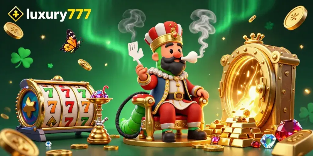 Experience luxury777 with a 3D caterpillar hookah-master in a vibrant casino scene, showcasing slot games and treasures.