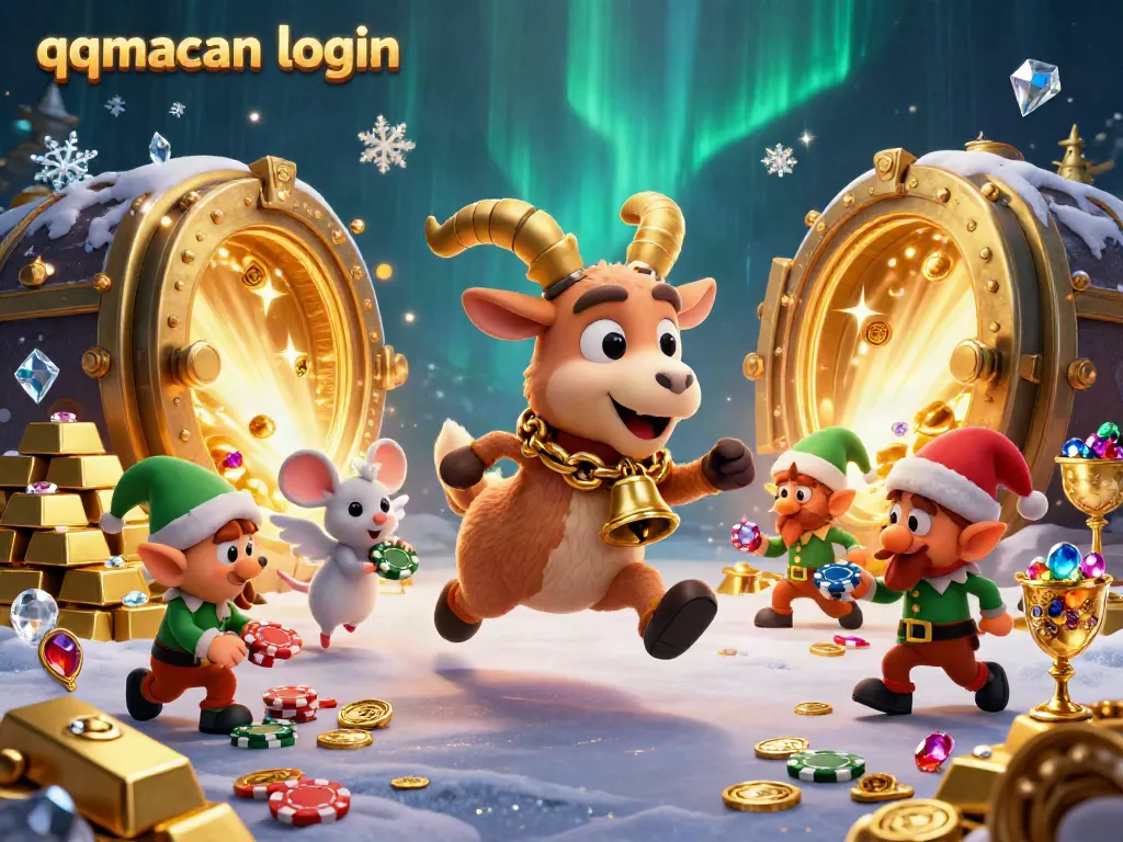 Experience the thrill of qqmacan login in a vibrant 3D casino scene filled with festive chaos.