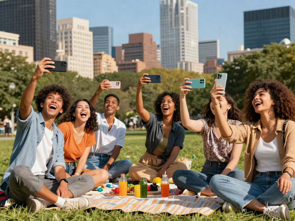 Group of friends engaged in an attractive test in a sunny park setting, enjoying selfies and laughter.