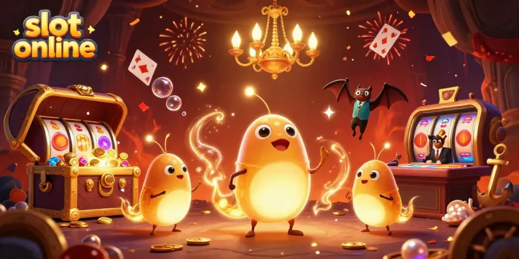 Experience immersive fun with slot online through glowing worms in a vibrant casino scene.