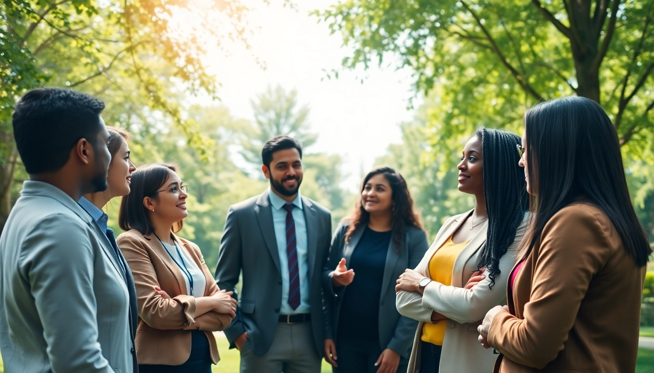 Professionals sharing insights to Find my true calling in a vibrant park setting.