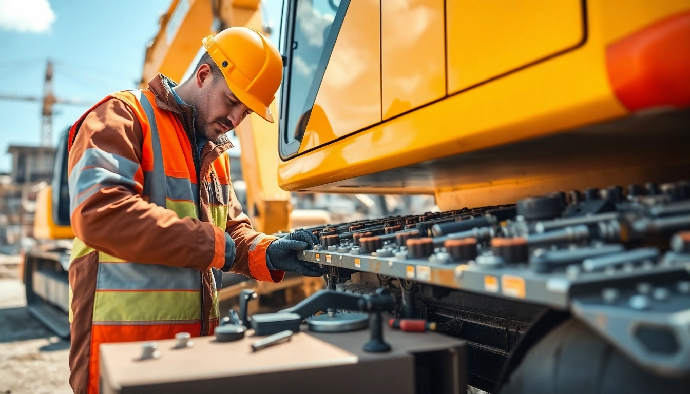 Technicians performing mobile equipment service on heavy machinery in an outdoor construction setting.