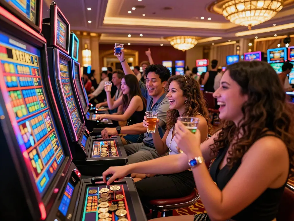 Group celebrating a win at a slot gacor machine in a lively casino.