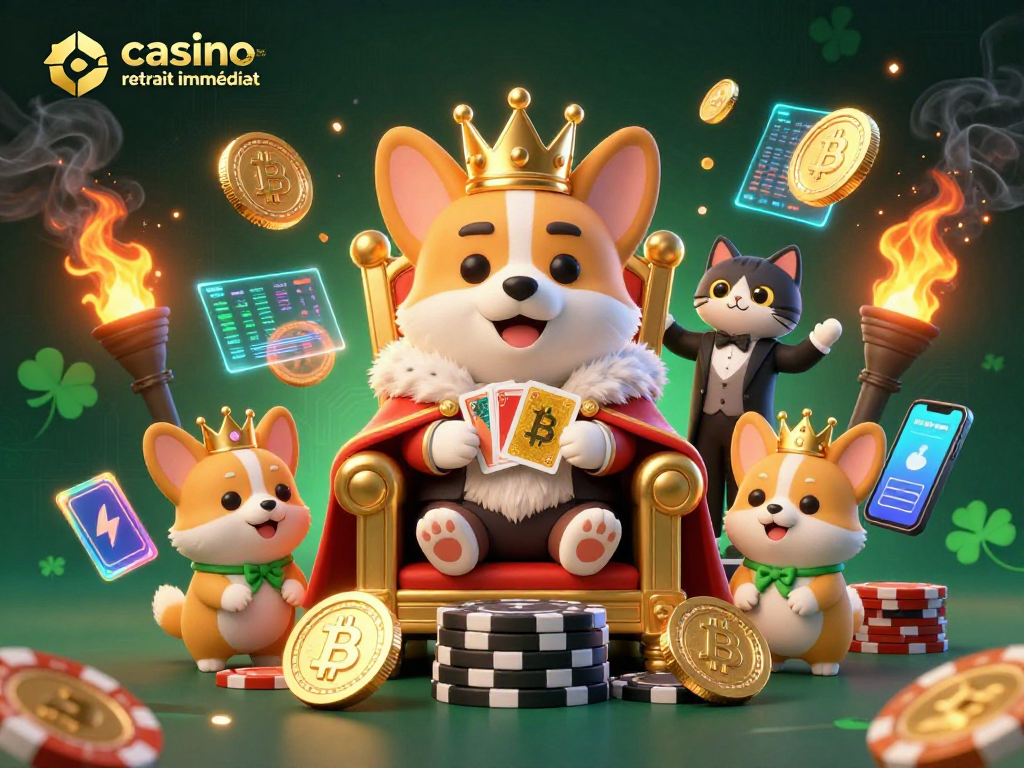 Élevez vos gains avec le casino en ligne retrait immédiat, affichant un corgi royal sur un trône de jetons.