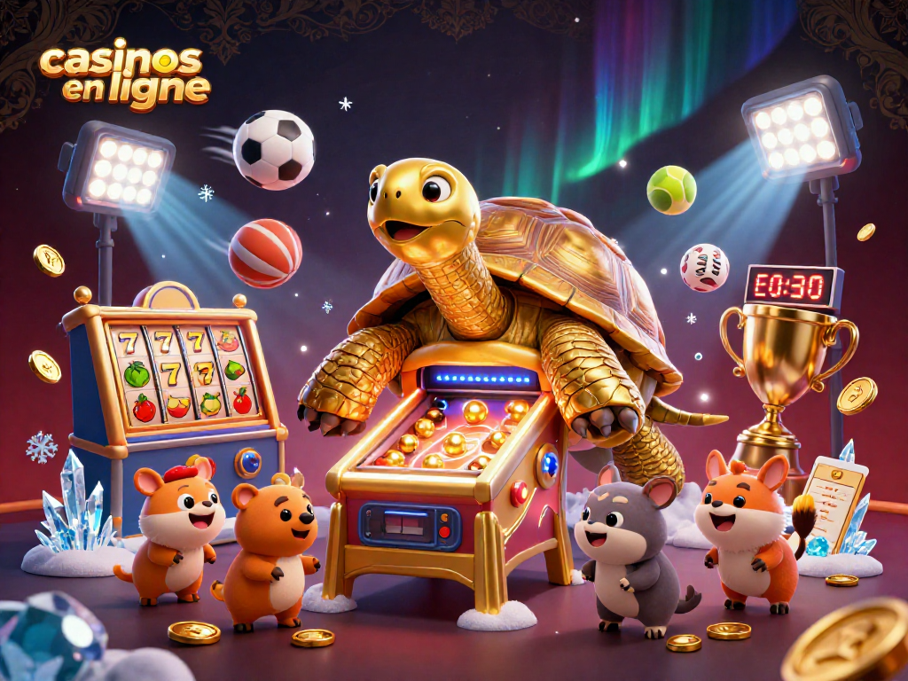Amusez-vous avec les casinos en ligne, représentés par des tortues dorées et des machines à sous captivantes.